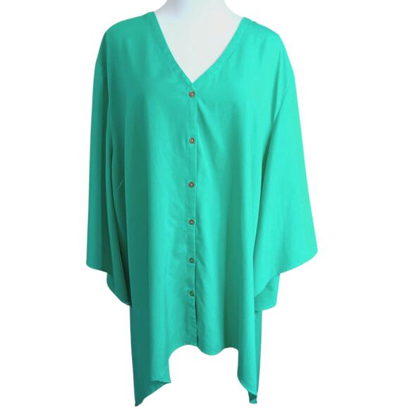 CATHERINES Turquoise Green Blouse Top Plus 3X Flowy Asymmetric Hem V-Neck Career - Picture 7 of 9